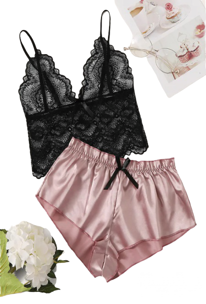 ملابس داخلية سروال قصير ساتان بصدريه دانتيل مزهر