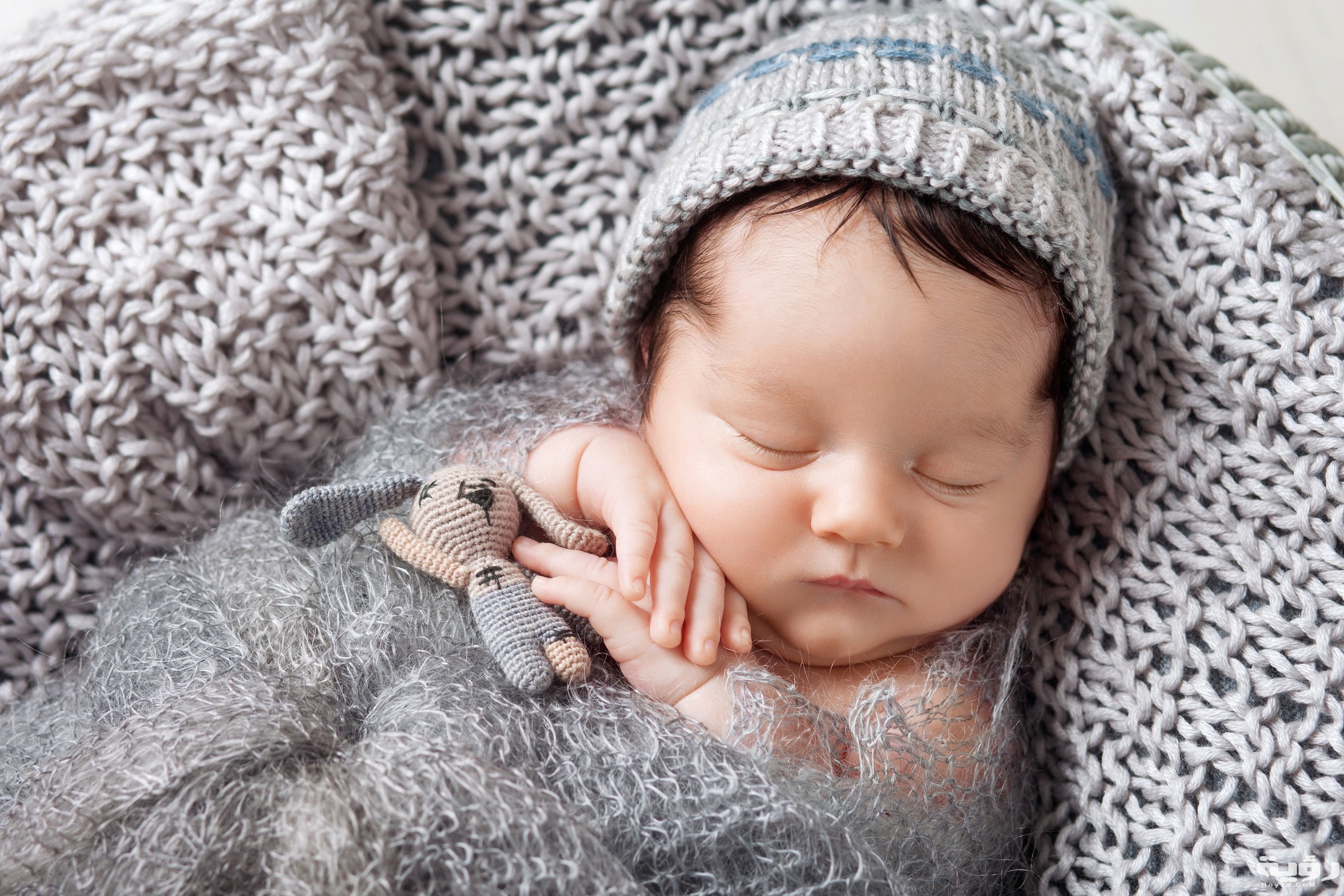 Sweet newborn baby sleeps in a basket. Beautiful newborn boy with bear toy.